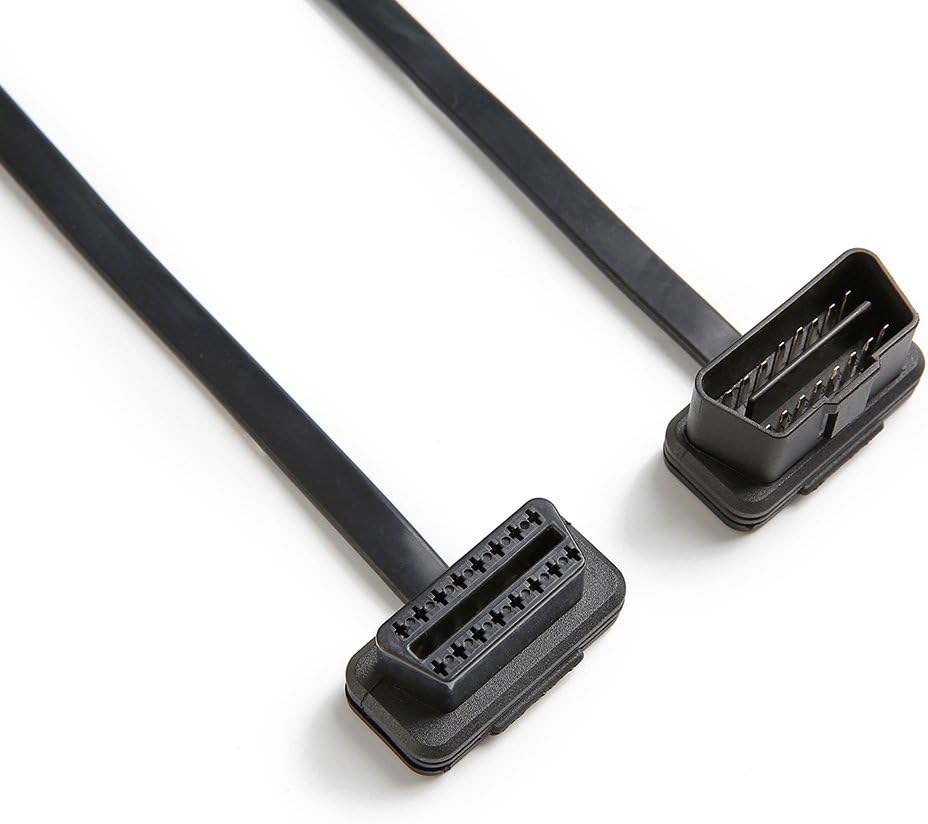 Cable de extensión OBD2, bbfly-A2 Cable de cinta plana de 16 pines OBDII macho a hembra Cable con conectores en ángulo de 1 pie11.8 in