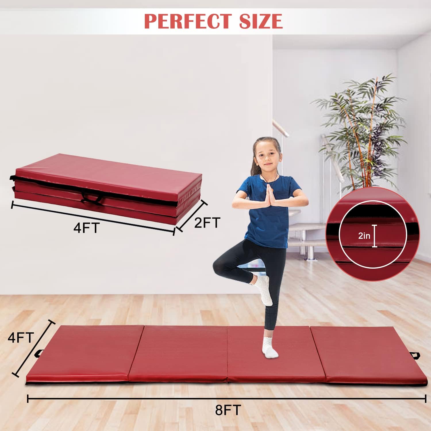 Tapete de gimnasia plegable de 4 x 8 x 2 pulgadas, extra grueso de alta densidad antidesgarro con asas de transporte, cierre de gancho y bucle,