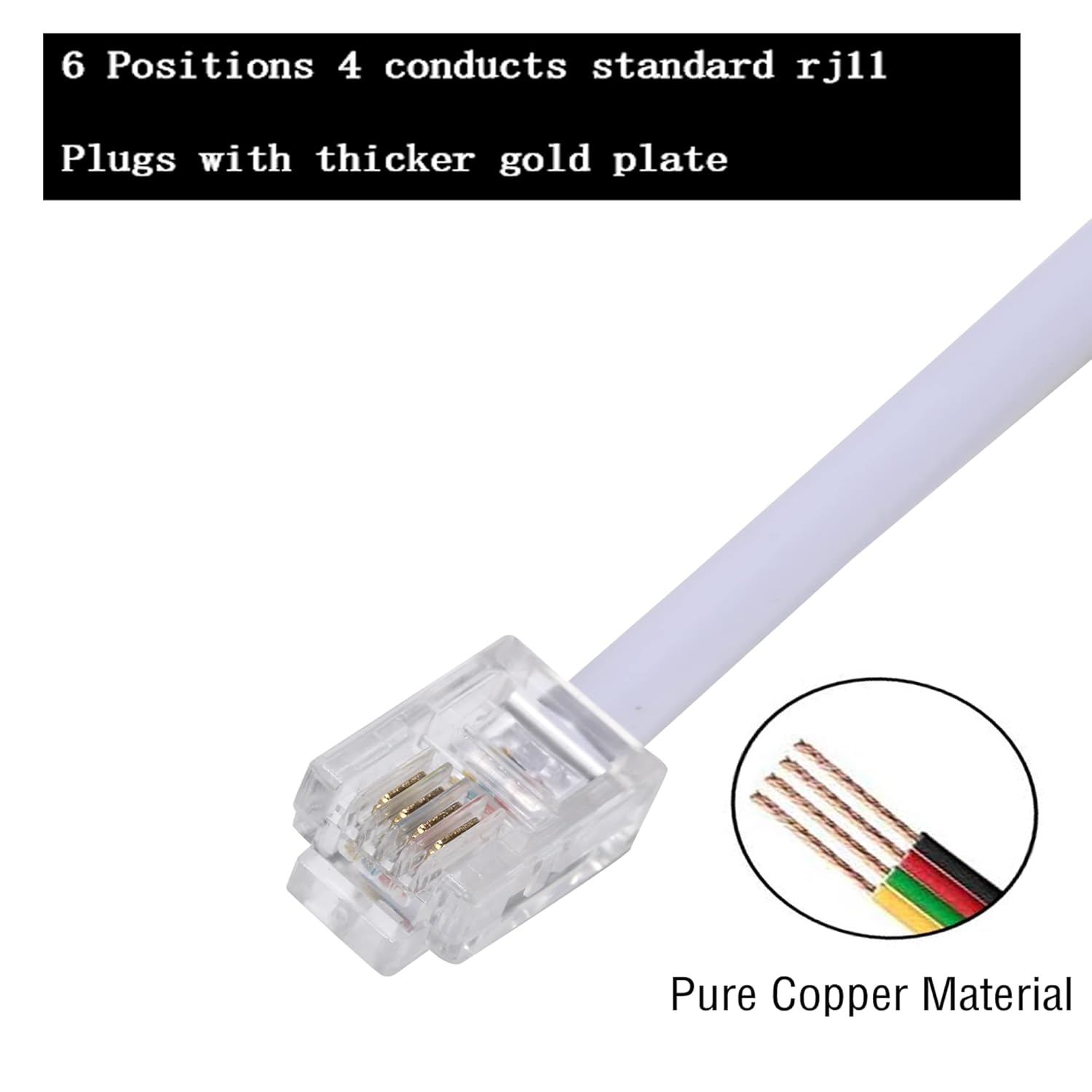 Cable de extensión de teléfono de 100 pies de largo, con enchufe RJ11 estándar y 1 acoplador en línea y 35 soportes de clip para cables, color blanco