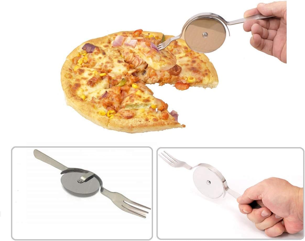 Cuchillo y tenedor para pizza, cortador de pizza de acero inoxidable 430, cuchillo para tartas, tenedor de pastel, cortador de pizza súper afilado y