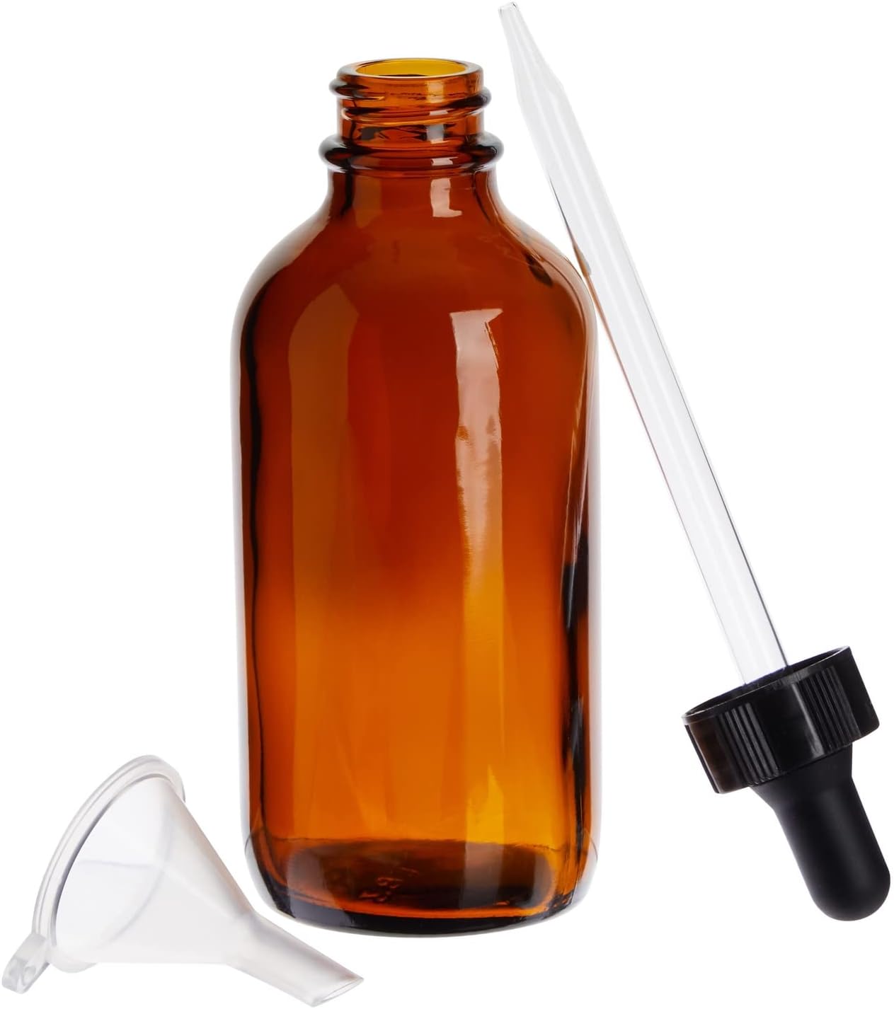 Juvale Paquete de 15 botellas de vidrio ámbar de 4 onzas con dispensador de cuentagotas y 6 embudos para aceites esenciales, viajes, perfumes,