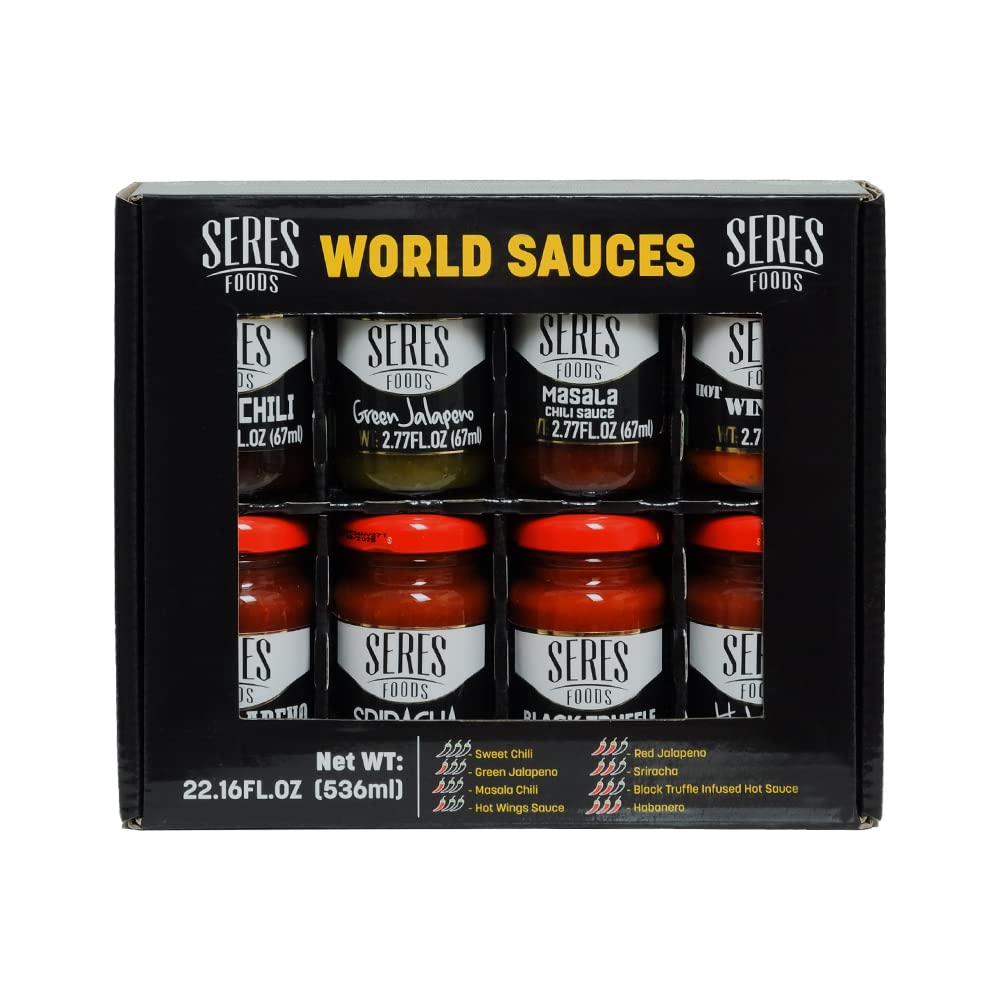 Seres Foods World Sauces – Juego de regalo  Botellas de vidrio de 2.77 onzas líquidas, paquete de 8, variedad de sabores incluyendo Habanero Extra,
