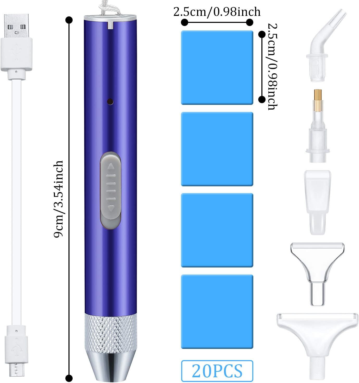 Bolígrafo de pintura de diamantes con luz 5D para bricolaje con 20 piezas de pegamento de pintura, 5 cabezales de repuesto para manualidades (azul)