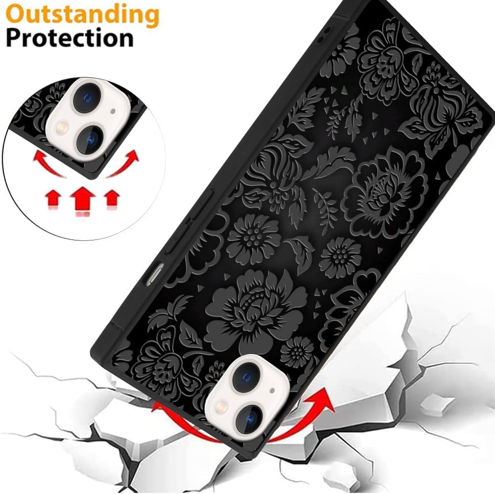 SAKUULO Funda para iPhone 13, protector de pantalla + soporte Bonito diseño de estampado de flores negras, protección de bordes de TPU suave,