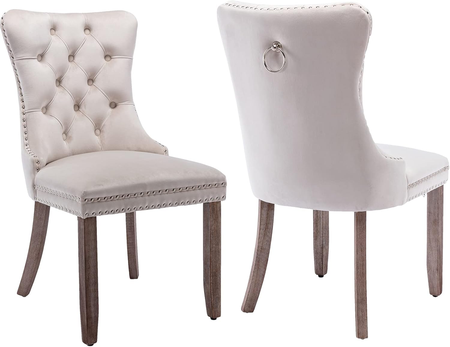 Juego de 2 sillas de comedor de terciopelo beige, juego de 2, sillas de comedor copetudas, sillas de comedor tapizadas de terciopelo, marco de