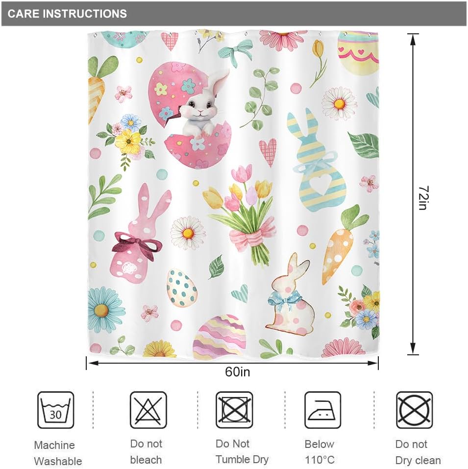 Riyidecor Cortina de ducha de conejo de Pascua para decoración de baño, 60 pulgadas de ancho x 72 pulgadas de alto, lindos huevos de conejo,