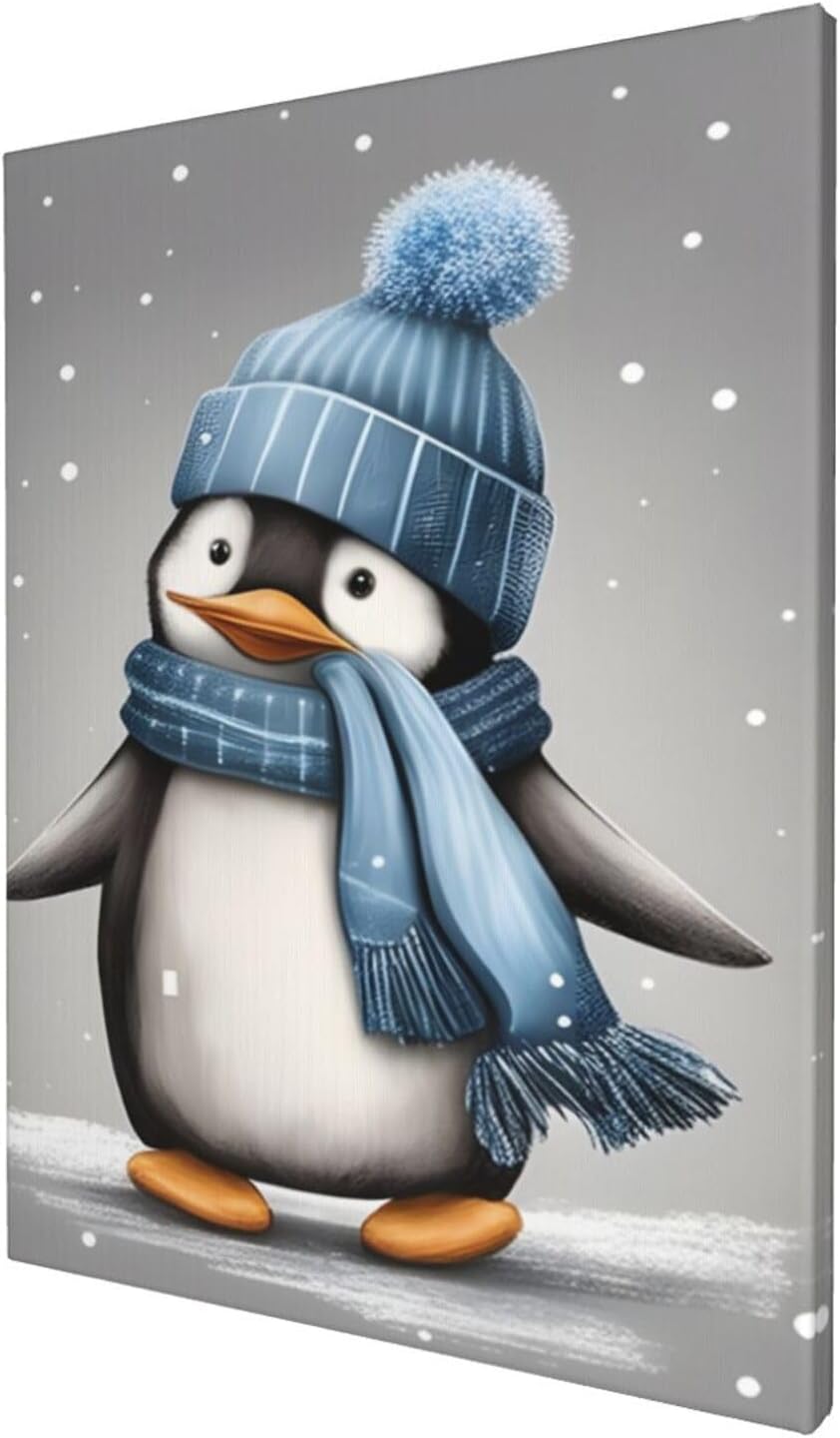 WEASYYDS Lienzo decorativo para pared de pingüino gris de invierno, con sombrero azul, impresión de pingüinos, imagen de animales, decoración para