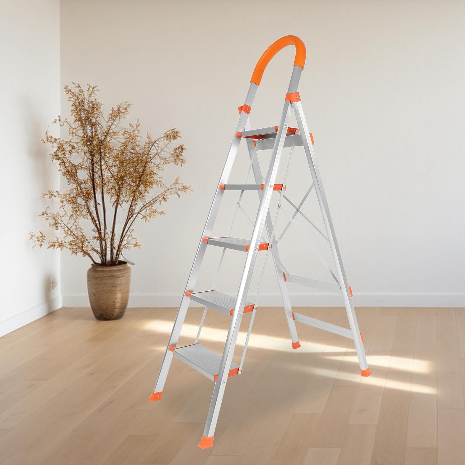 SUPERFASTRACING Taburete plegable de aluminio multiusos de 5 pasos, pasamanos de goma antideslizante, escalera portátil para el hogar