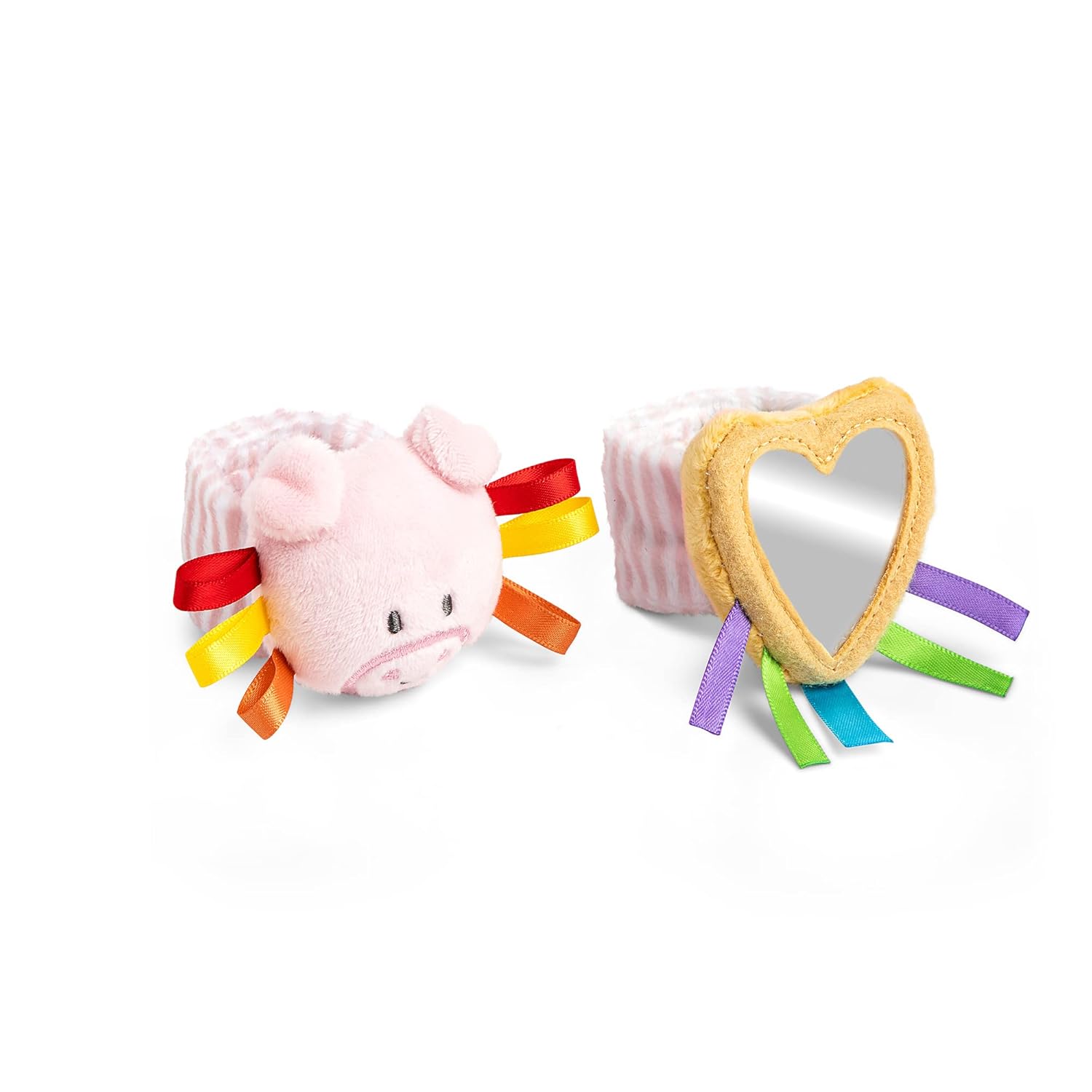 DEMDACO Juego de actividades de sonajero y espejo de muñeca de bebé de 3 a 6 meses de color rosa y amarillo