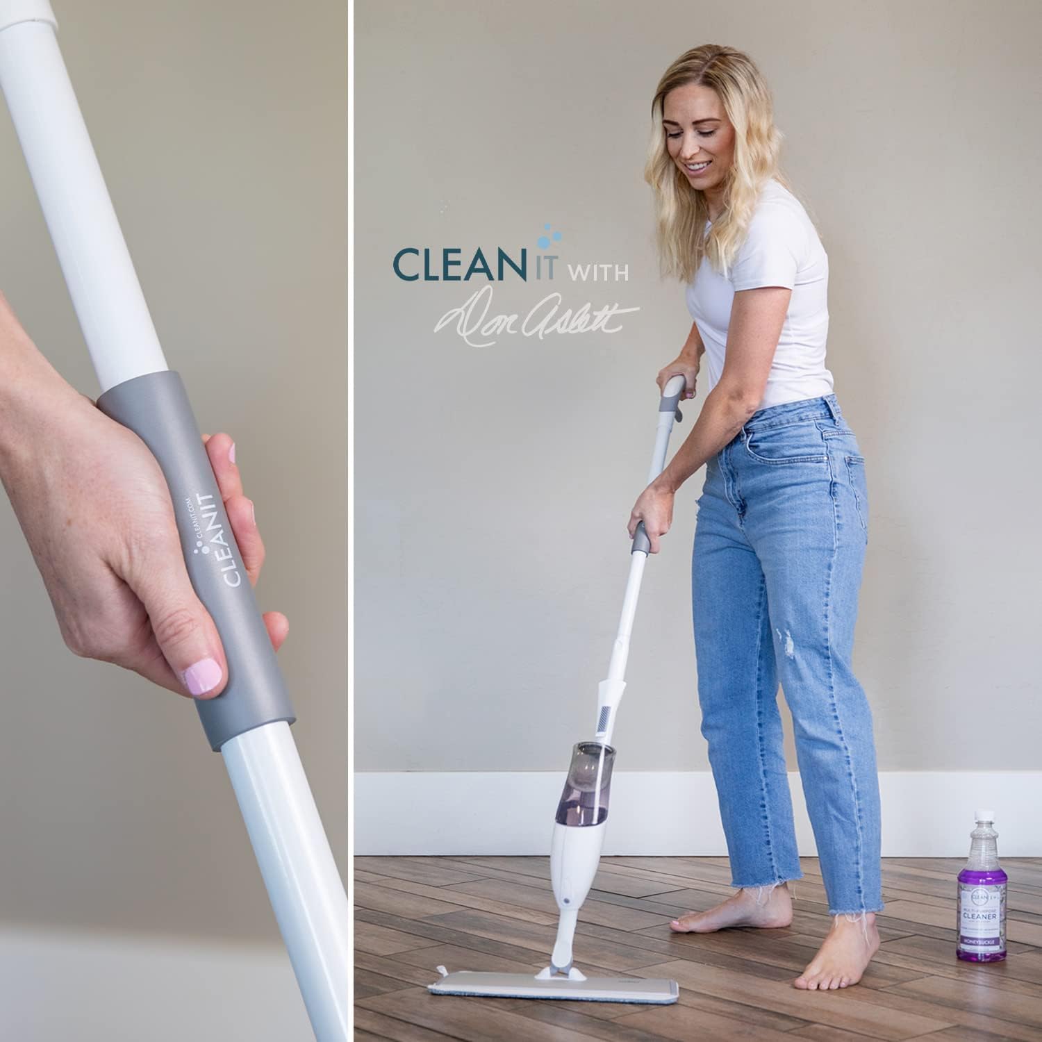 Don Aslett ‘s Spray Mop Plus+ para limpieza de suelos Cabezal giratorio de 360  Almohadilla de microfibra reutilizable  Raspador de goma  Botella