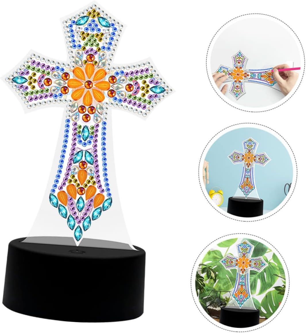 DOITOOL Lámpara de cruz de luz de cruz DIY diamantes de imitación pintura manualidades regalos religiosos lámpara de mesa decorativa lámpara de