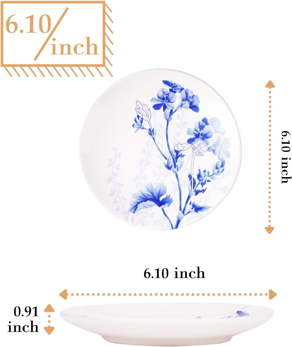 Sonemone Ink Flower – Juego de 6 platos de postre pequeños de 6 pulgadas, para pasteles, aperitivos, helado, guarniciones, cerámica, microondas y