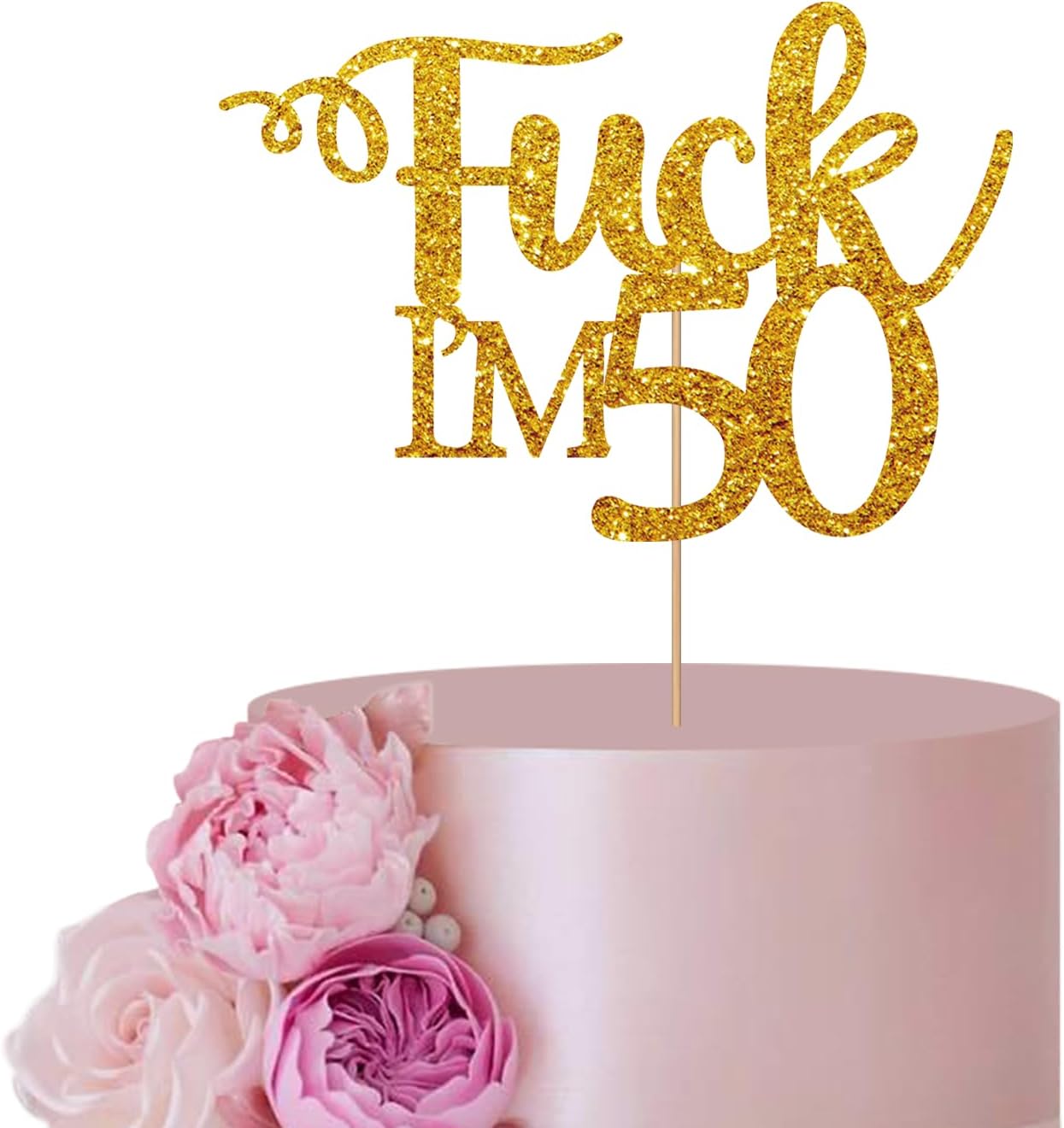 Decoración de pastel dorada para decoración de pastel de cumpleaños 50, decoración de pastel Fuck I’m 50, decoración de 50 pasteles con purpurina