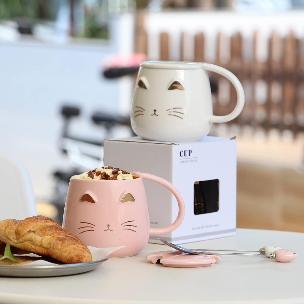 Taza de café con diseño de gato, regalo para los amantes de los gatos, taza de cerámica, taza novedosa con tapa y cuchara de acero inoxidable,