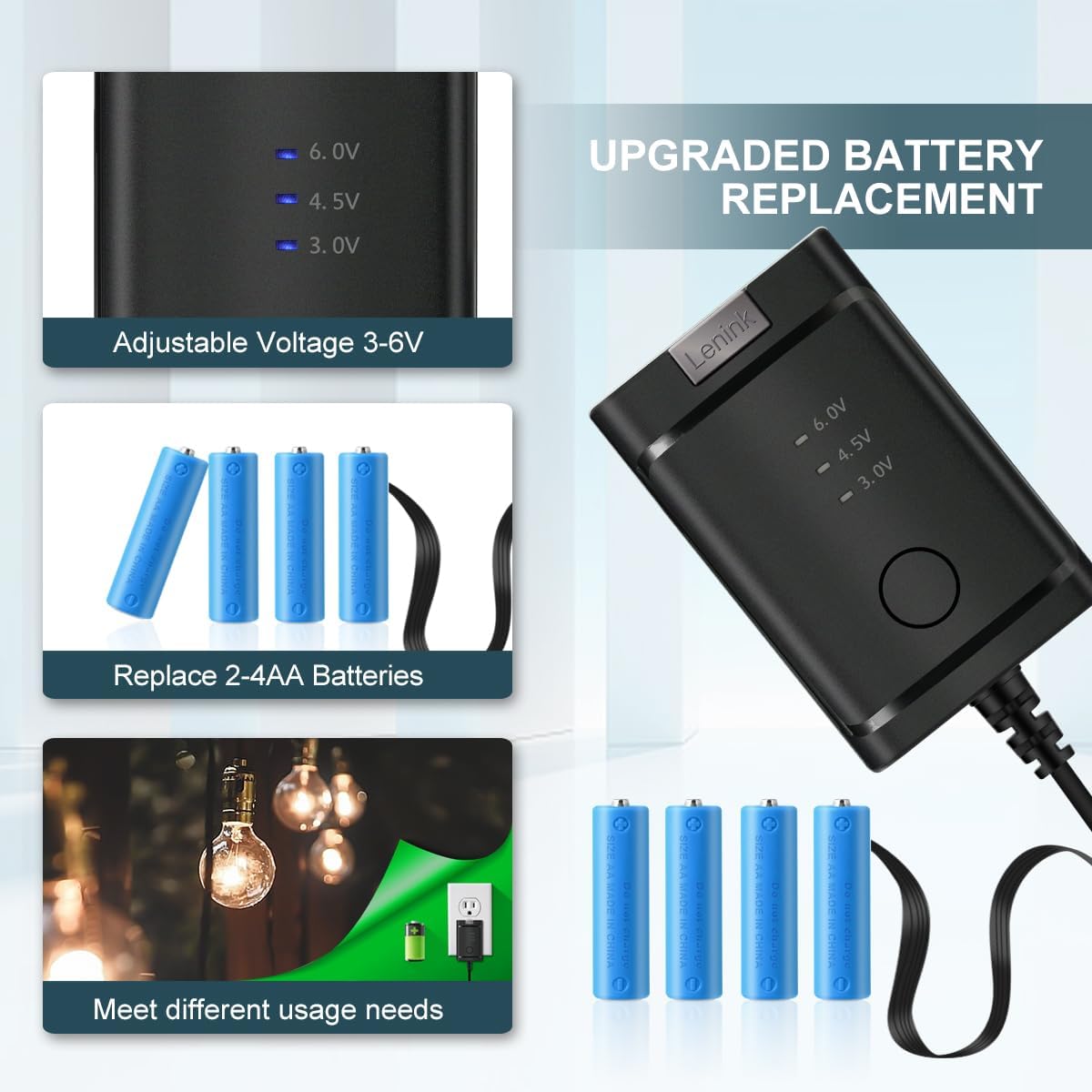 Lenink Adaptador de fuente de alimentación de CA ajustable para 2 pilas AA 3 AA 4 AA, adaptador de repuesto de batería AA para luces LED,