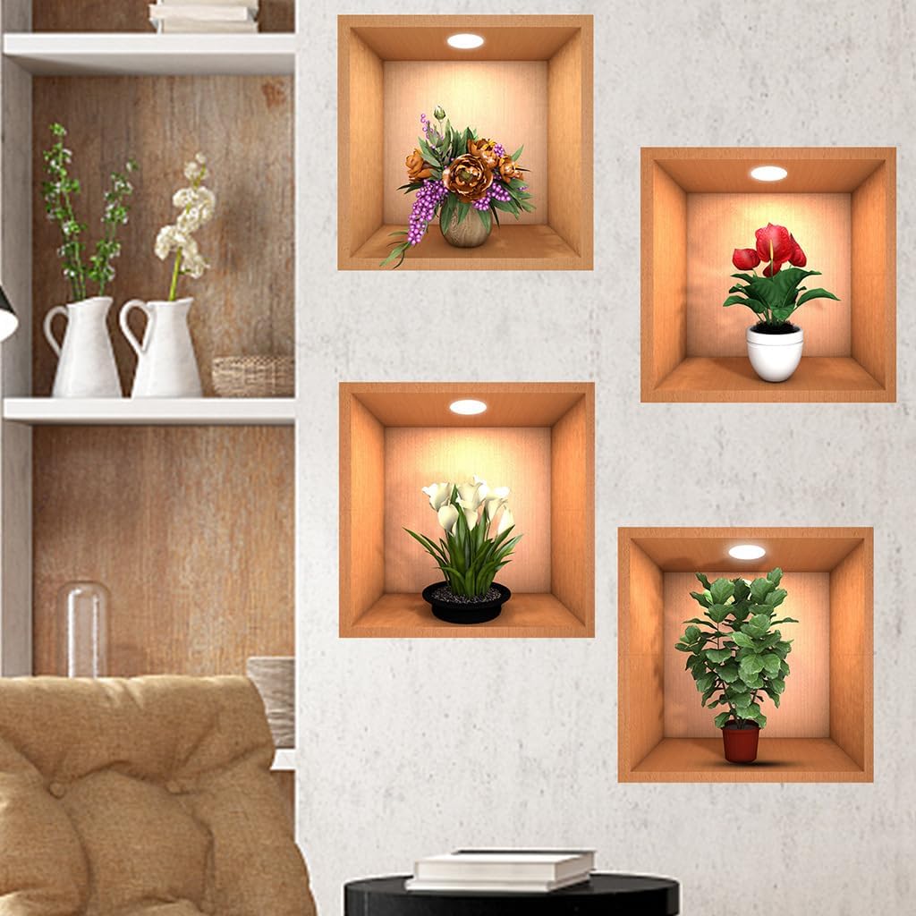 Calcomanías de pared 3D de plantas verdes en maceta, flores en maceta, calcomanías de pared removibles de PVC para despegar y pegar, murales de