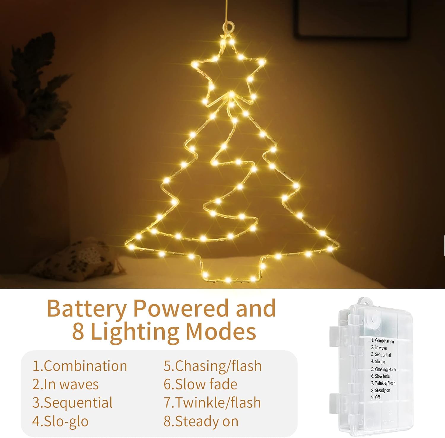 Raymall – 3 luces de ventana de Navidad, 55 LED alimentadas por pilas, luces de silueta de ventana de Navidad con temporizador, 8 modos de