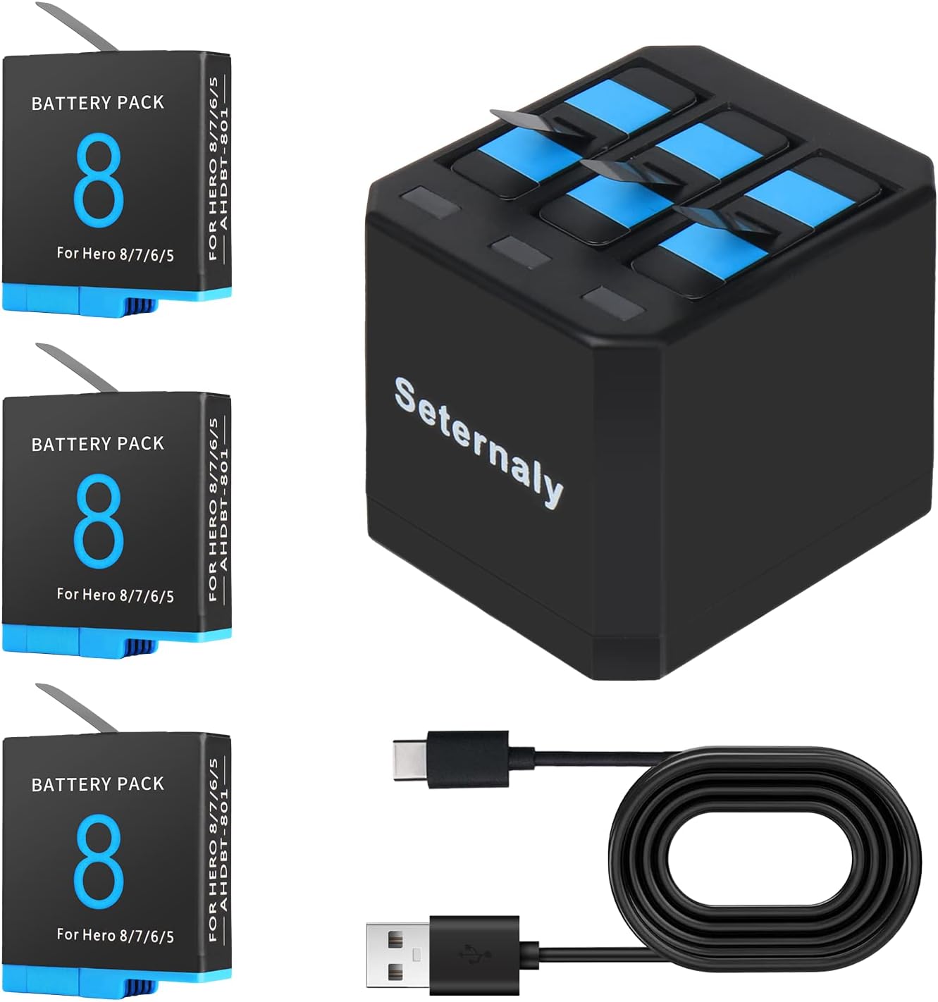 Seternaly Batería Hero 87 (paquete de 3 1500 mAh), cargador de baterías de repuesto compatible con GoPro Hero 8765 y Hero 2018