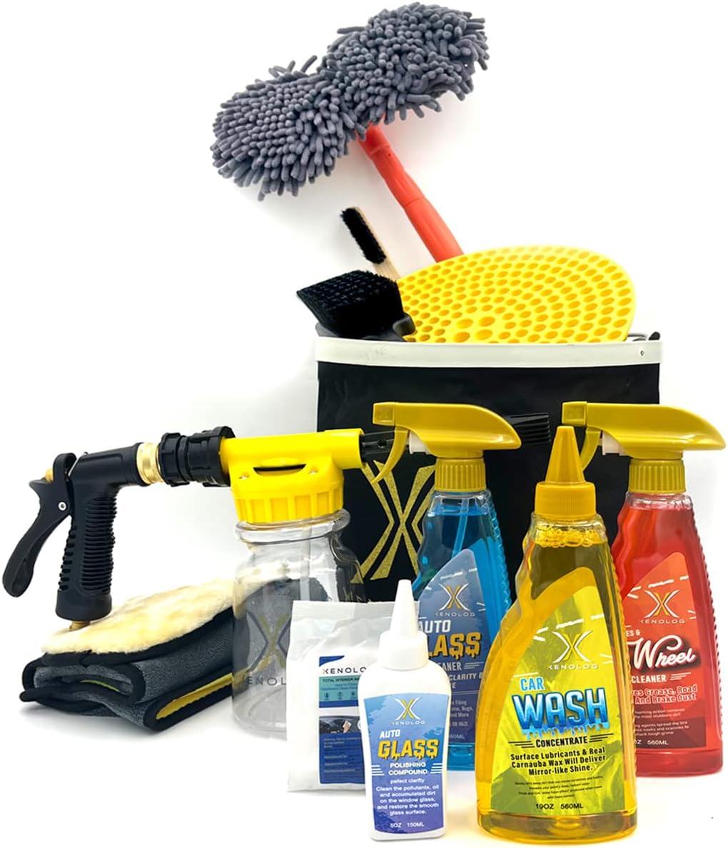Kit de lavado de autos de 16 piezas con pistola de espuma de lavado de autos, trapeador de cepillo de lavado, cepillo de neumáticos, cubo para