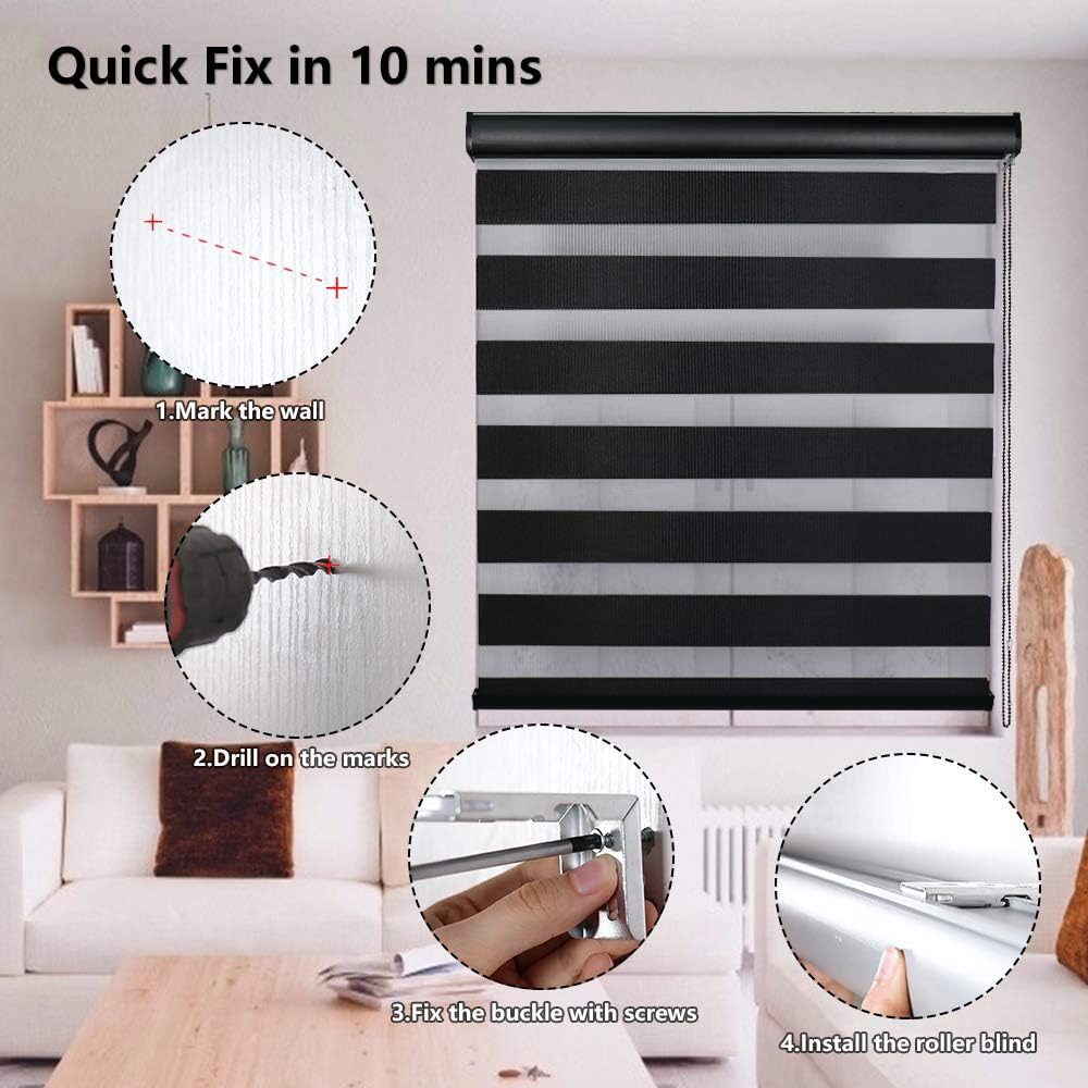 LUCKUP Zebra – Persianas enrollables dobles con cubierta de cenefa, cortinas para día y noche (24 pulgadas de ancho x 72 pulgadas de alto, negro)