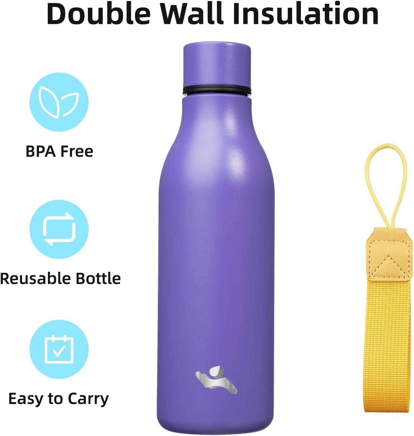 Botella de agua aislada con correa, botellas de acero inoxidable de doble pared de 18 onzas, botella de agua de metal, morado