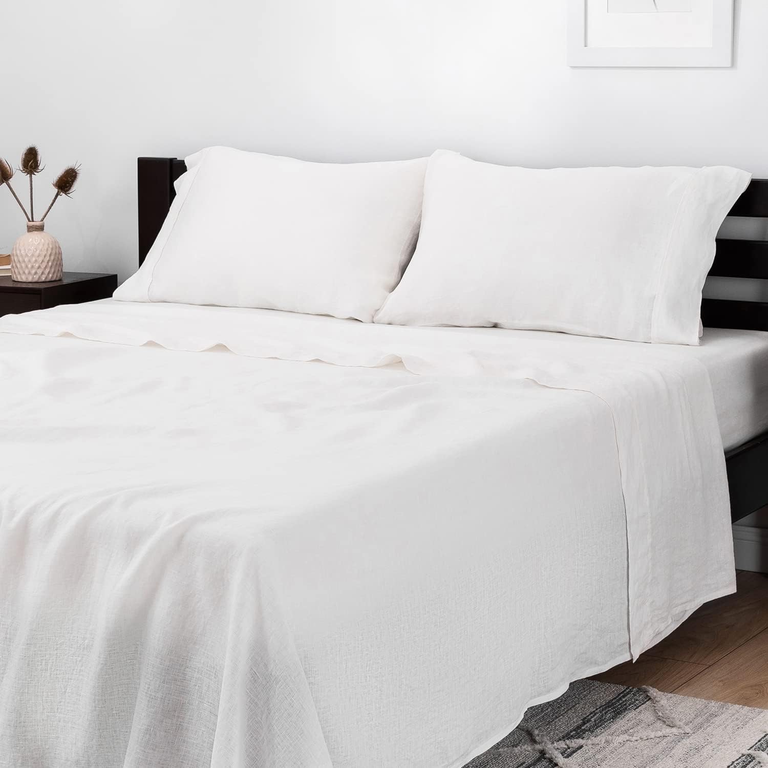 Mellanni Juego de sábanas de lino 100% individual, juego de sábanas de lino blanco, incluye juego de cama plano y ajustable con 1 funda de almohada,