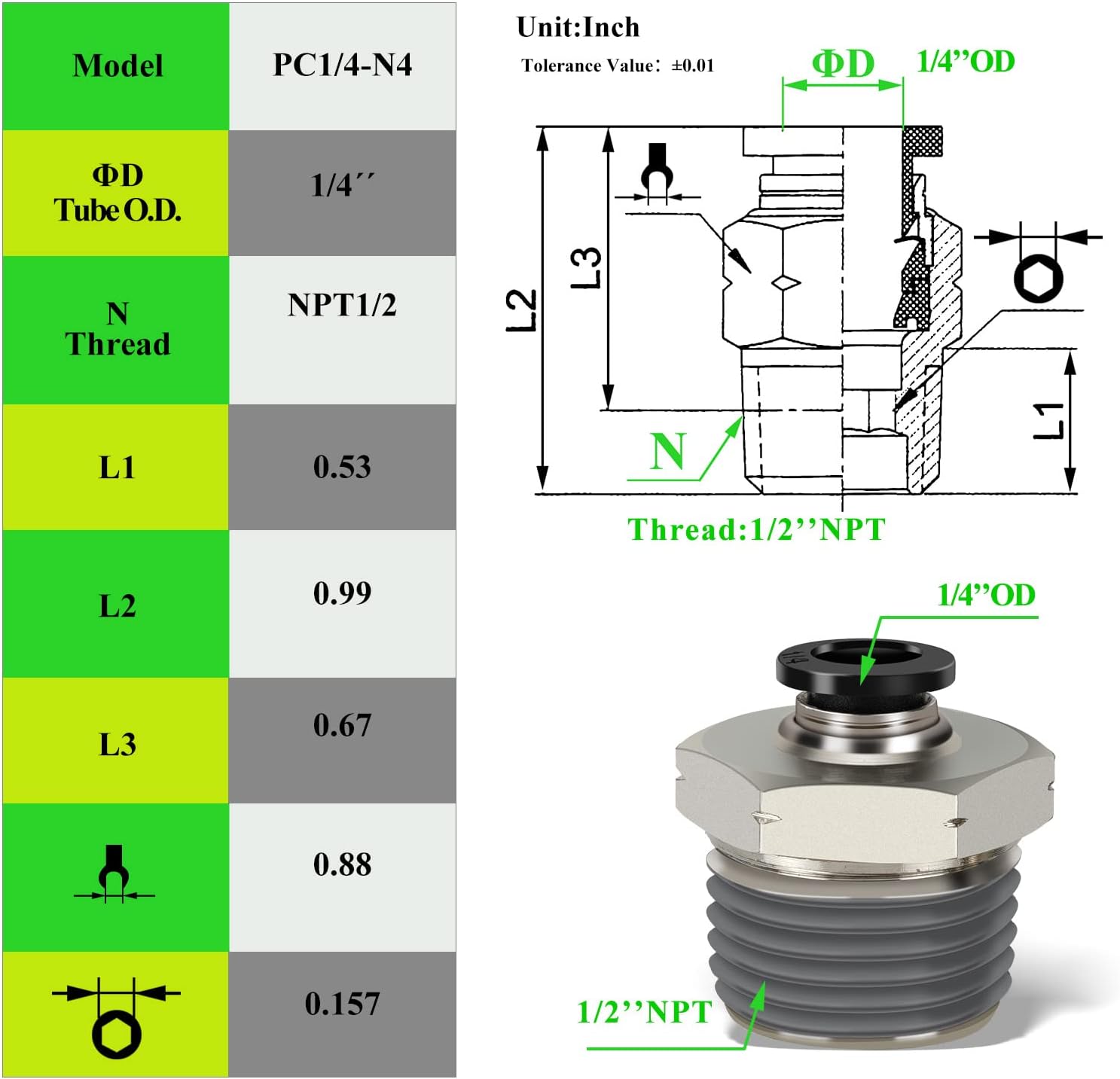 HOFUJNG Tubo neumático macho recto de 14 de pulgada OD x 12 pulgada NPT Push para conectar accesorios modo PC14xN04 (paquete de 10)