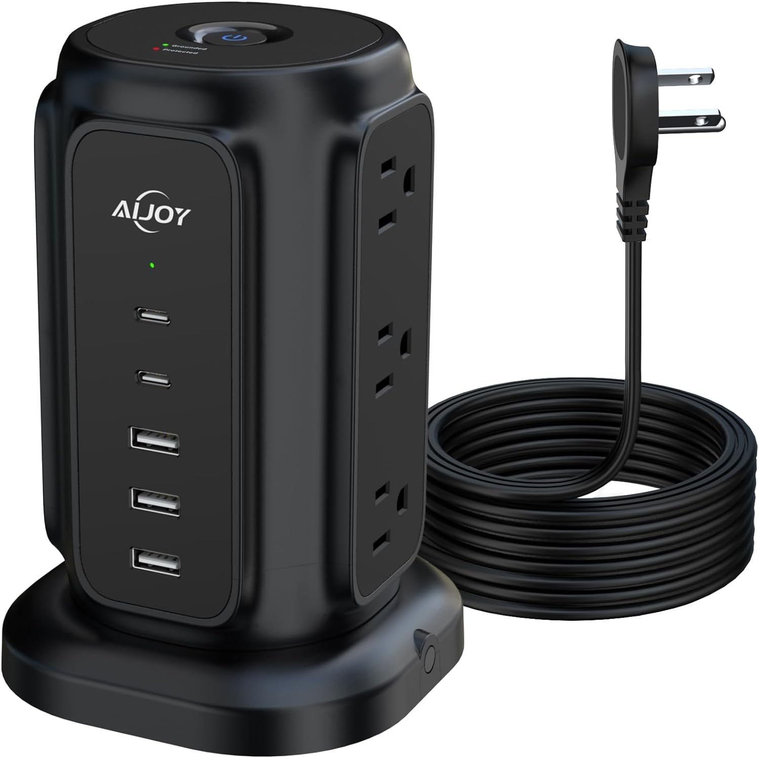 AiJoy – Regleta de alimentación de enchufe plano con 2 puertos USB-C y 3 puertos USB-A, cable de extensión ultrafino de 6.5 pies con múltiples