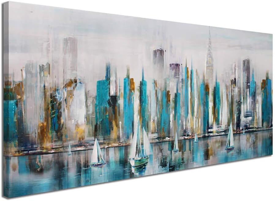 Pogusmavi Lienzo abstracto grande del río Manhattan para decoración de pared, diseño moderno de la ciudad de Nueva York, para sala de estar,