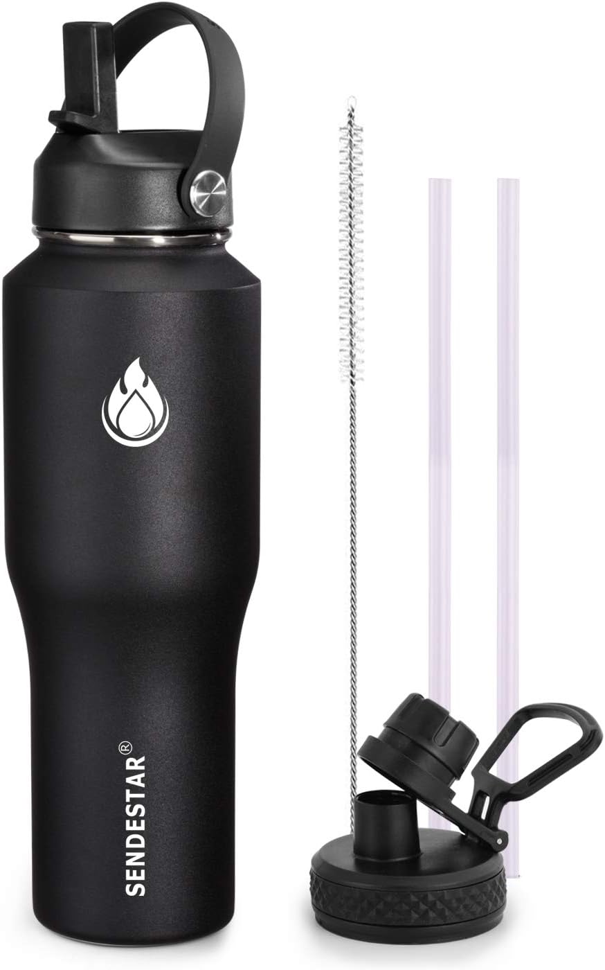 SENDESTAR – Botella de agua de 0,9 L, 2 tapas (tapa con pajita), boca ancha de acero inoxidable aislada al vacío, doble pared, mantiene los líquidos