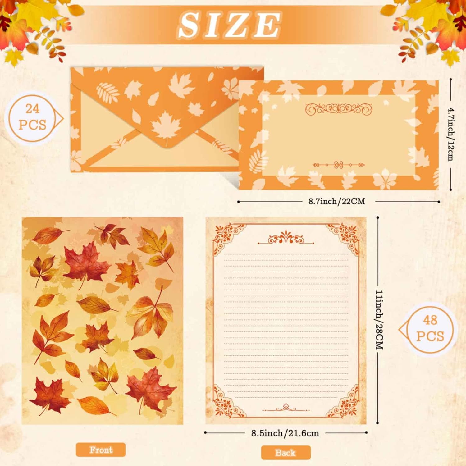 AnyDesign 48 piezas de papel de papelería de otoño con hojas de otoño y 24 piezas de sobres autosellantes, papel impreso en acuarela de Acción de