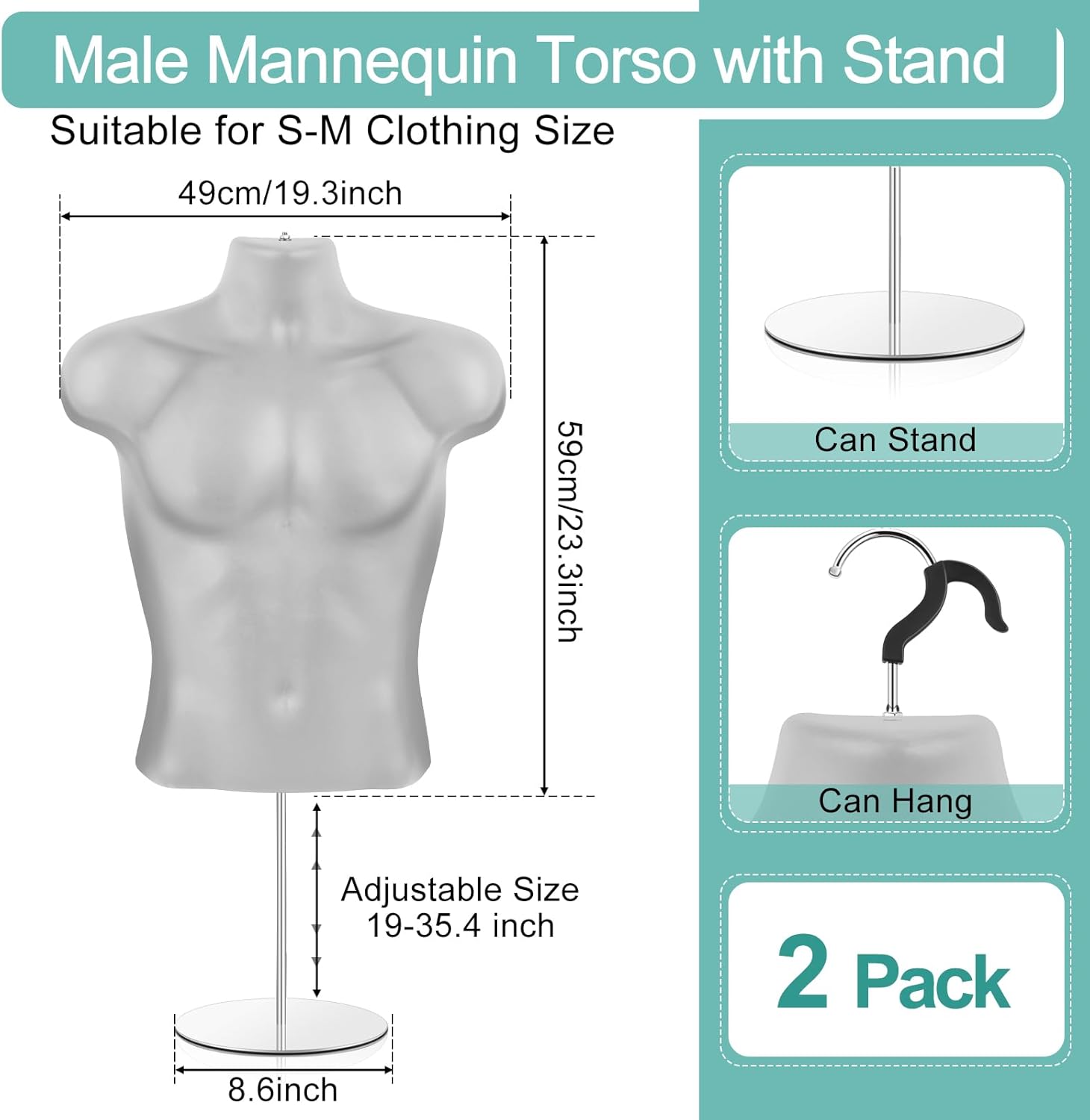 Paquete de 2 maniquíes masculinos con soporte de espalda hueca y cuerpo de maniquí blanco para venta al por menor, exhibición de camisetas con poste