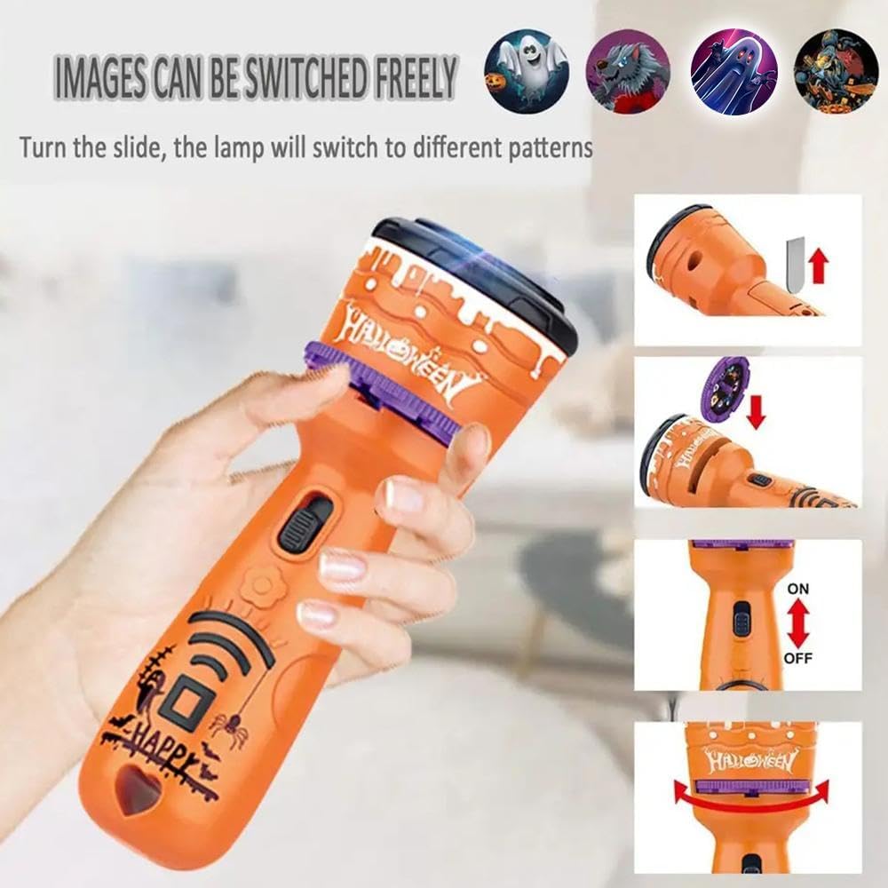 WSRRDRECVHi Proyector de linterna de Halloween para niños, proyector de diapositivas, luz de proyección de antorcha para dormir, juguetes educativos