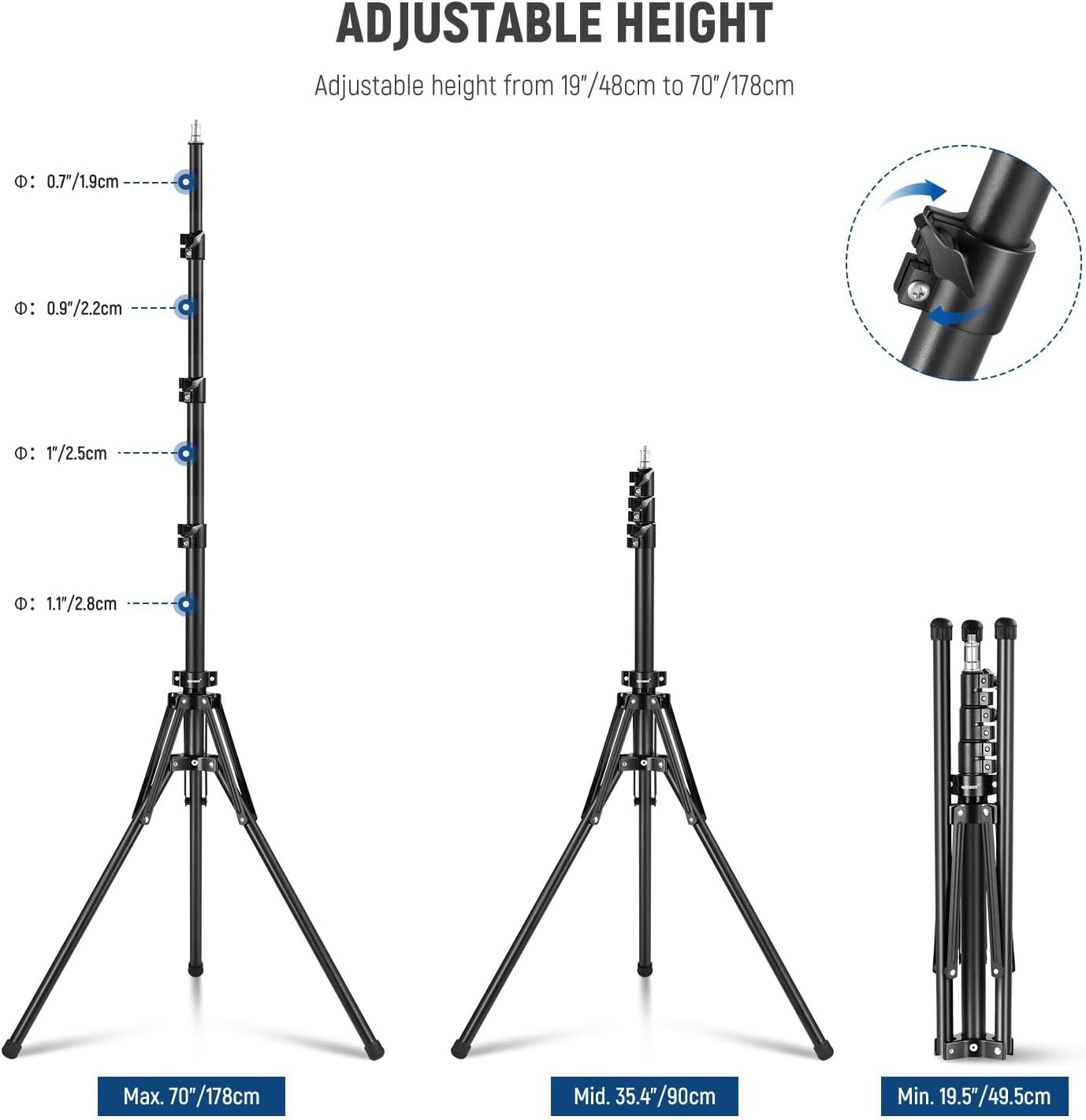 NEEWER ST70R – Soporte de luz de metal con patas reversibles de 180, soporte de trípode de viaje plegable de 70 pulgadas para luces de anillo, luces