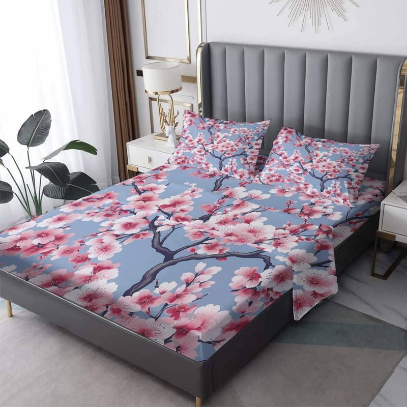 Juego de sábanas de flor de cerezo tamaño individual XL, sábanas de microfibra suave y bolsillo profundo, sábanas y fundas de almohada estampadas