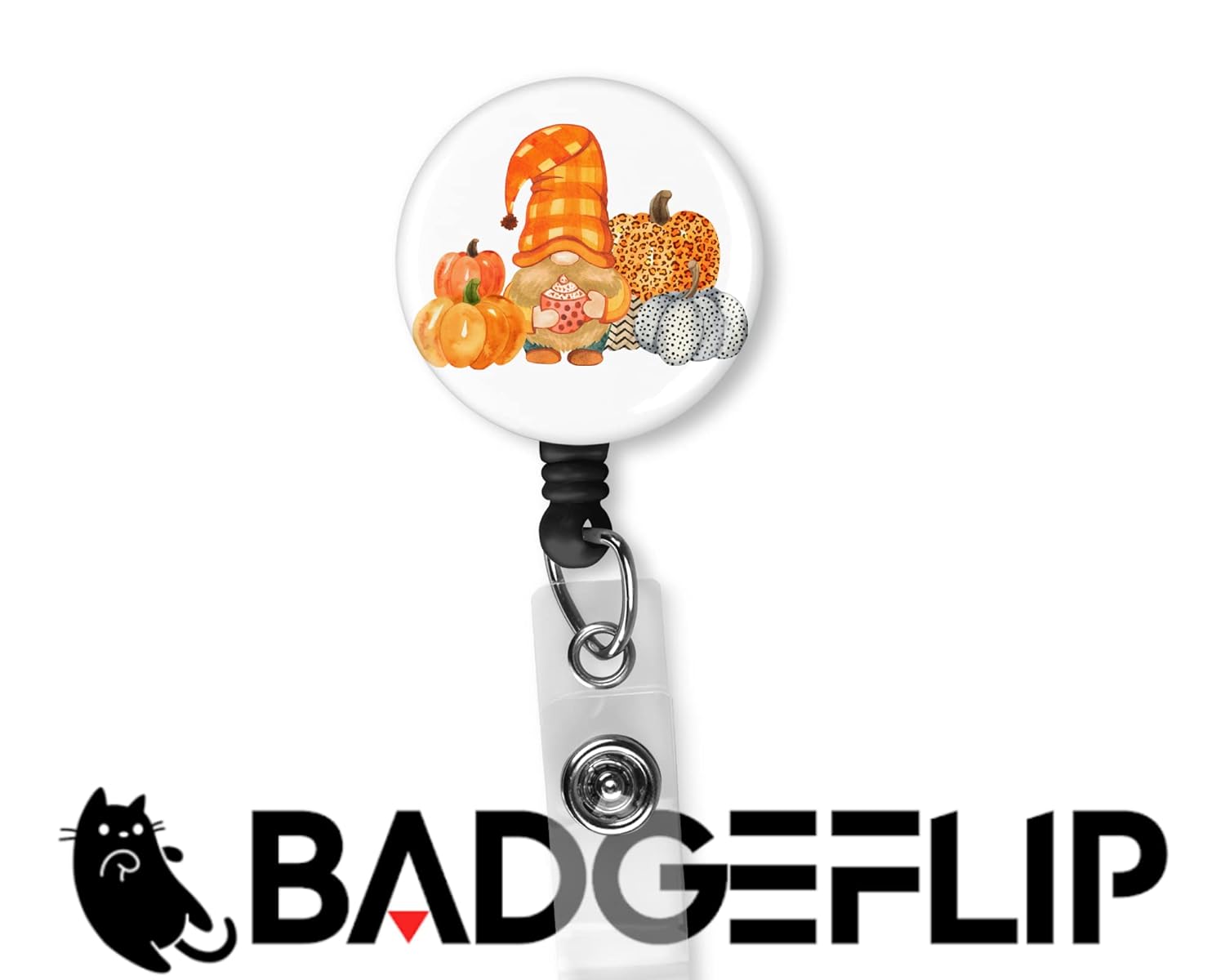 Cute Fall Gnome with Pumpkins Badge Reel Nurse Medical ID Holder Retractable Badge Holder 1.5 Inch Button (Black, Belt Clip) (White, Alligator Clip)