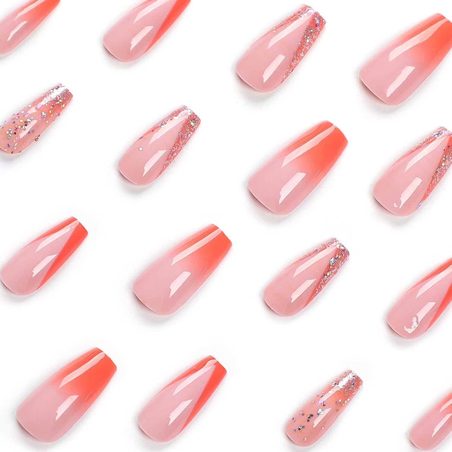 Uñas postizas de punta francesa a presión de ataúd medianas, color rosa nude, degradado, brillantina, diseños de acrílico, pegamento en las uñas