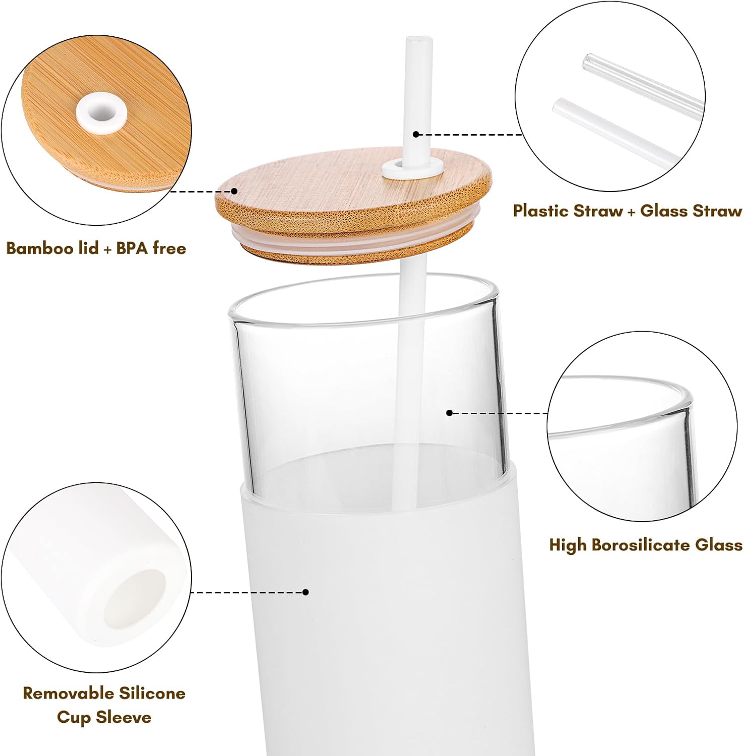Moretoes Vaso de vidrio de 20 onzas con tapa y popote, botella de agua de vidrio, funda protectora de silicona de bambú, juego de vasos para café y
