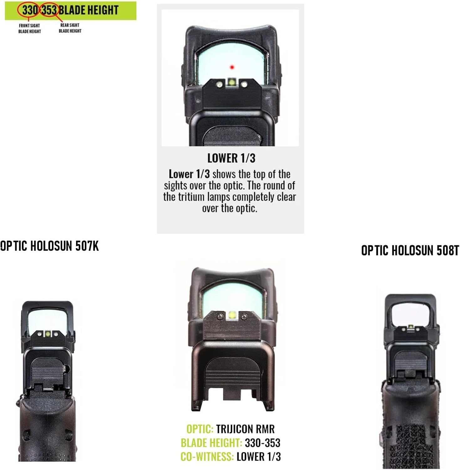 Night Fision Optics Ready Stealth .330-.353 Night Sight Set Compatible with 171934 Designed for Lower 13rd Co-Witness with Trijicon RMR & SRO, Hlsun