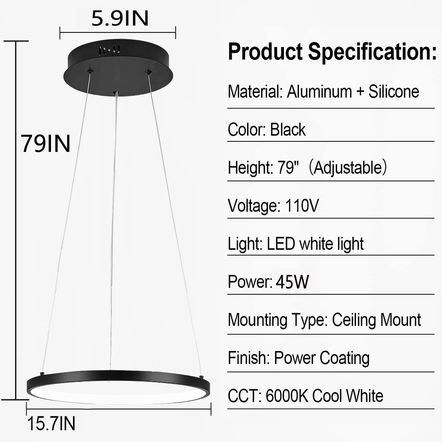 Candelabro LED moderno, 1 anillo grande para techos altos, sala de estar, vestíbulo, lámparas colgantes ajustables de 79 pulgadas para comedor, sala