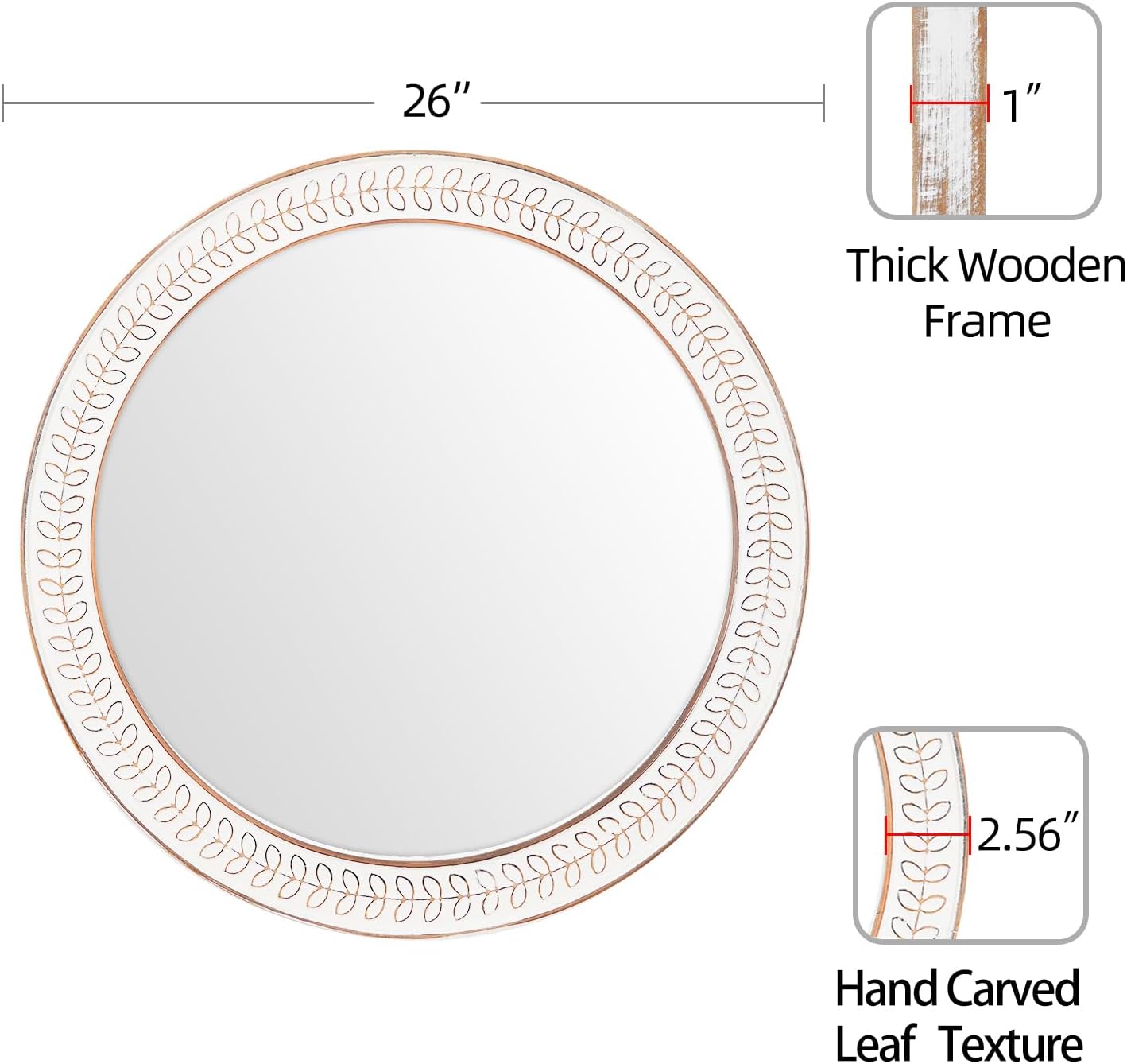 Espejos redondos de 26 pulgadas para pared, espejo circular de madera con marco tallado, espejos decorativos rústicos desgastados para sala de