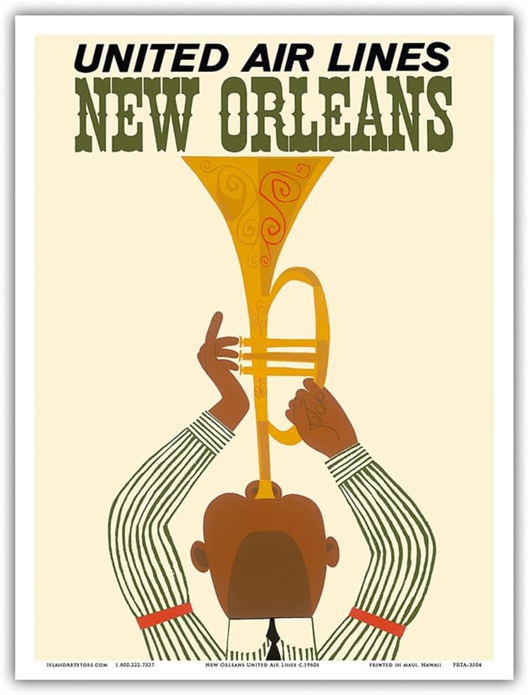 New Orleans – Trompetista de jazz – United Air Lines – Póster vintage de viaje de aerolínea c.1960s – Impresión artística maestra de 9 x 12 pulgadas