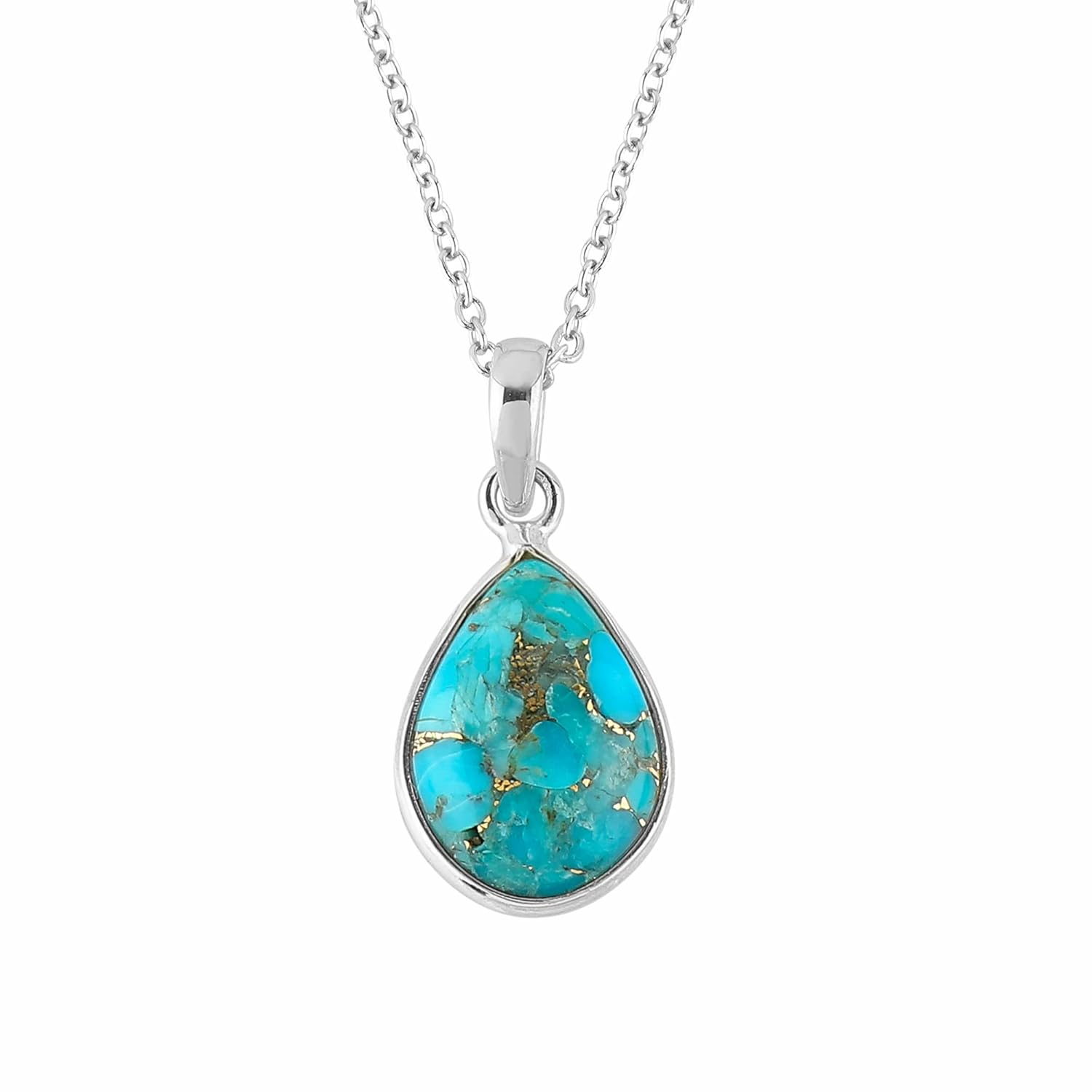 Solid 925 Sterling Silver Necklace – Natural Blue Turquoise Gemstone Bezel Pendant – Designer Boho – Handmade – Elegant Jewelry – Minimalist – Gift