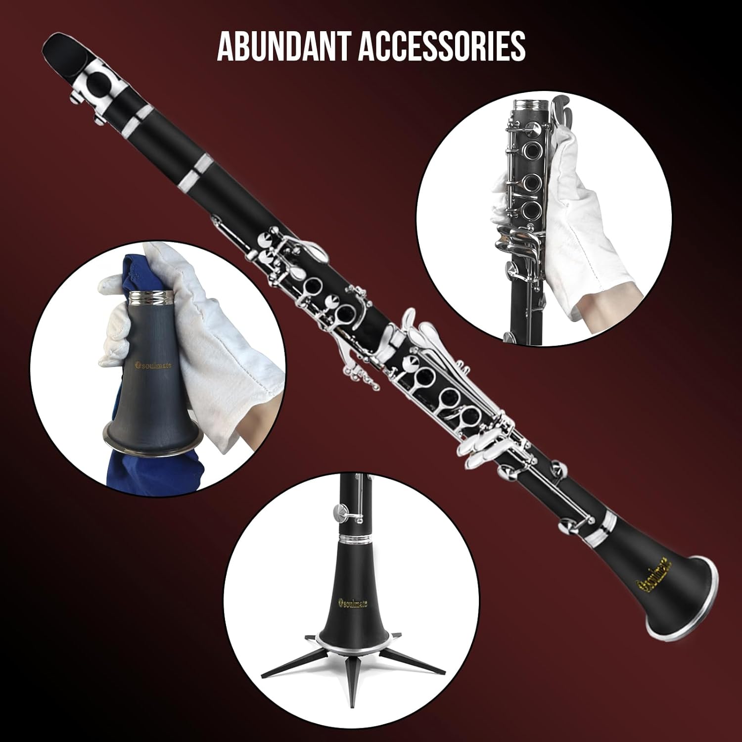 Soulmate Clarinete, clarinete en Bb para principiantes, estudiantes y adultos, 17 llaves niqueladas con 2 barriles, 10 cañas, estuche rígido y kit