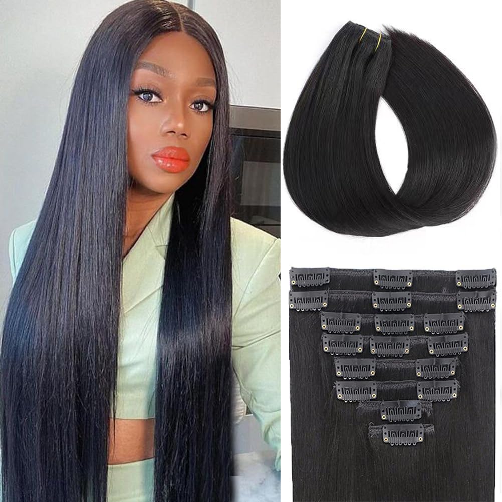 Extensiones de cabello humano real, 8 unidades, color negro natural, lacio, extensiones de cabello humano Remy virgen, clips de doble trama,
