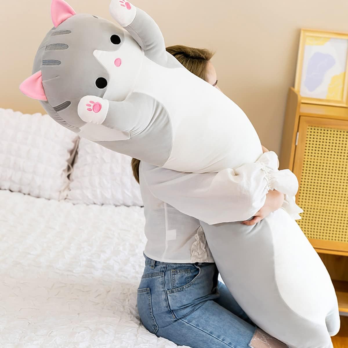 Almohada larga de felpa suave con diseño de gato para abrazar, almohada de animal de peluche, bonita almohada para dormir, regalo para niños (35.43