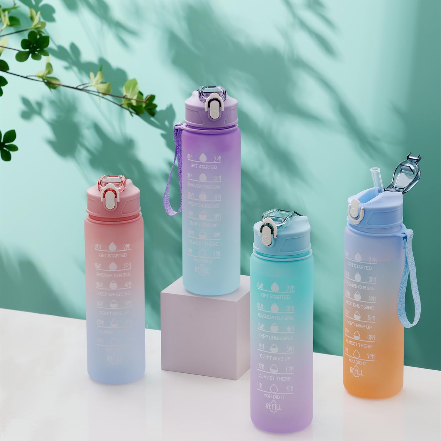 KITNOBLIS Botella de agua de 24 onzas con tiempos para beber y pajita, botellas de agua motivacionales con correa de transporte, a prueba de fugas