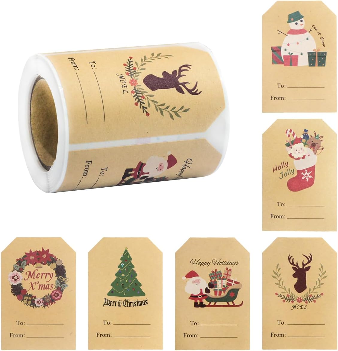 Etiquetas de regalo de Navidad para envolver desde calcomanías, 200 etiquetas de regalo autoadhesivas de papel kraft para regalos de Papá Noel,