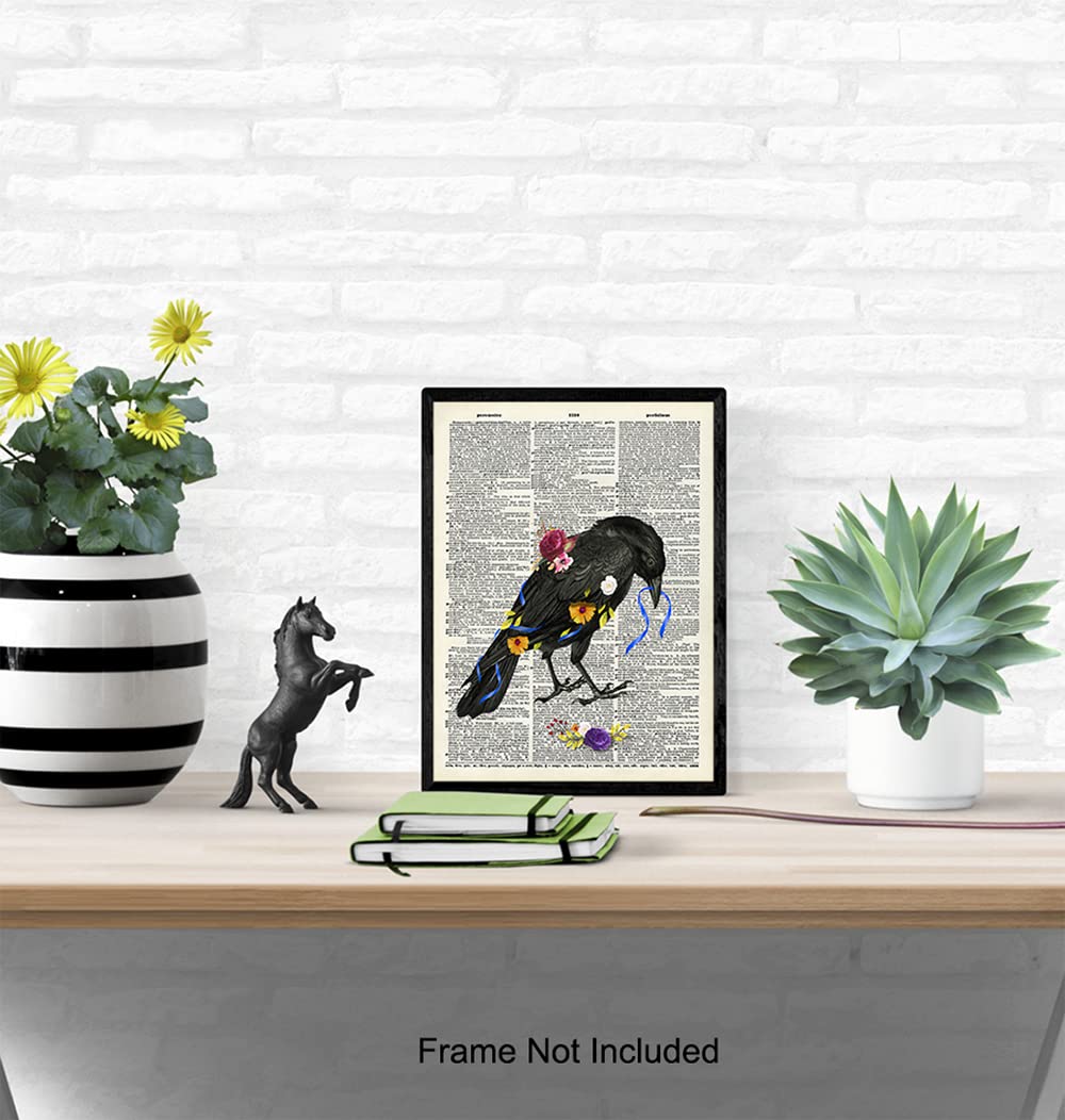 Floral Black Raven Wall Art – Gothic Crow Home Decor – Gift for Edgar Allan Poe, Goth Fans, Women – Cool Medieval Decor Picture Print for Bedroom,