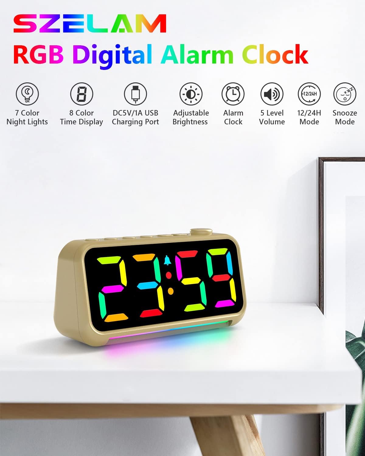 Reloj despertador con pantalla digital LED, puerto de carga USB de luz RGB extra fuerte, relojes de escritorio pequeños para personas que duermen